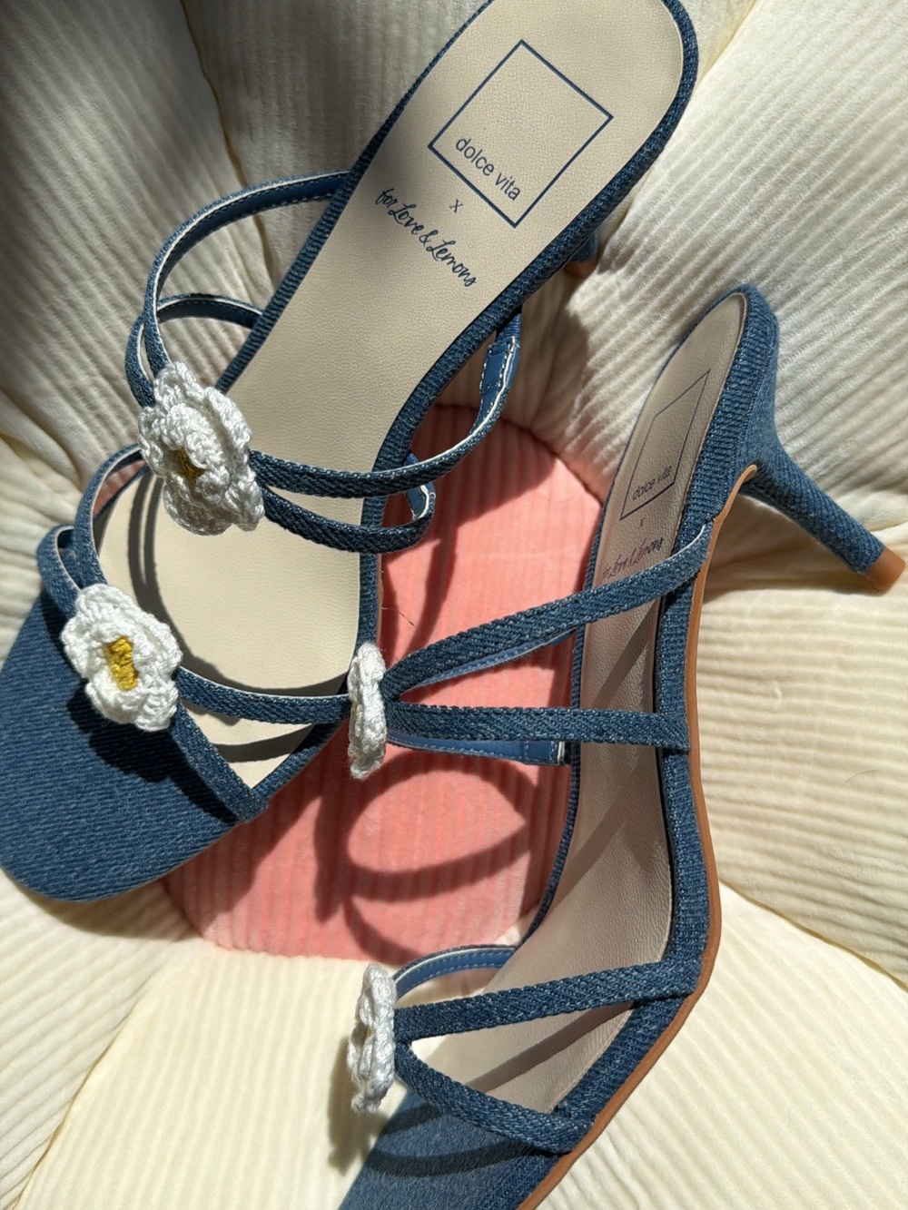 BNWB Dolce Vita x For Love and Lemons denim flower crochet kitten heels